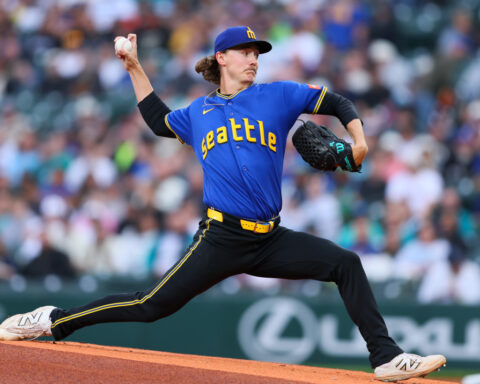 Mariners pitcher Bryce Miller loses his no-hit bid in the 7th inning against the Angels