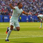 Kylian Mbappé scores his eighth goal of the World Cup, equaling Lionel Messi for the tournament lead