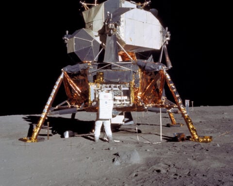Far above the Earth, NASA's Apollo lunar lander put astronauts on the moon