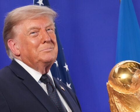 Trump celebrates the World Cup as a US victory as he prepares to present trophy to the winning team