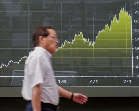 Asian shares are mostly higher and Mideast tensions push Brent crude past $96
