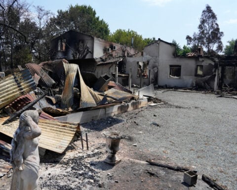 French president pledges support on visit to fire zone, vows: 'We will win this battle together'