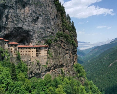 The ancient monastery hanging from the side of a cliff