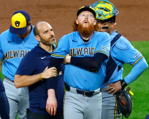 Brewers starter Dustin May hit by line drive and leaves game after 1 pitch against Mets