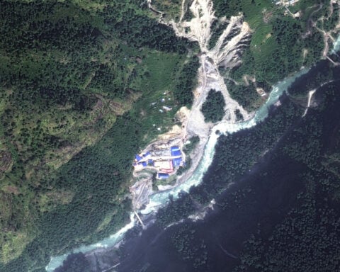 Satellite images reveal bedrock and glacier collapsed on the Nepal-Tibet border, then rivers flooded