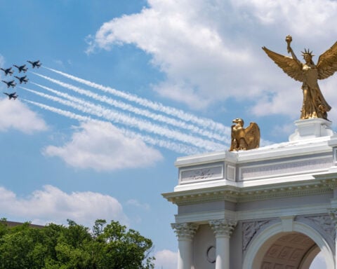 Trump says proposed triumphal arch will double as military complex with snipers and drones