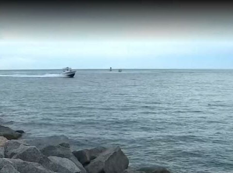 Surfer and fishermen rescue two people and a dog after boat capsizes