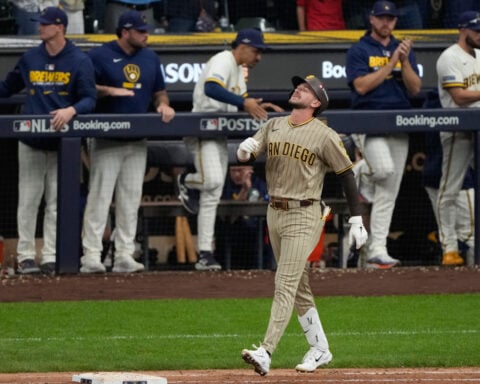 Brewers edge Padres 3-2 in NLDS opener that features bizarre play in 9th inning