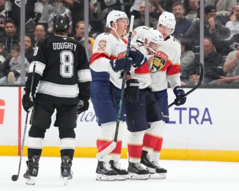 Panthers forward Brad Marchand sustains left leg injury in second period against Kings