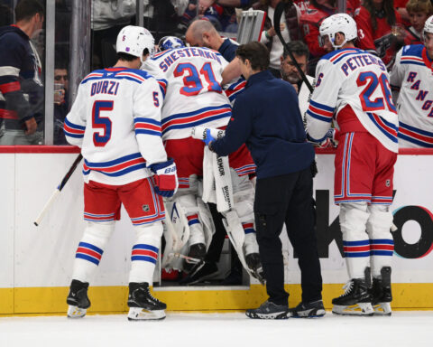 Rangers goalie Igor Shesterkin helped off ice with leg injury after awkward fall against Capitals