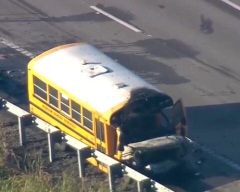 School bus catches fire on northbound I-435 near 210 Highway