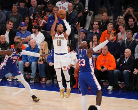 76ers win opening game with LeBron James and Jaylen Brown, beating NBA champion Knicks 106-100