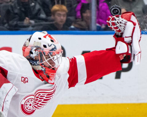 Raymond scores twice in the Red Wings' 5-2 victory over the Canucks